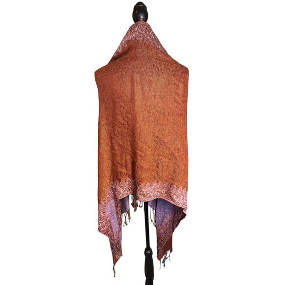 Pashmina & Silk Paisley Shawl Wrap – Burnt Orange & Lavender – Fringe BohoChic - Picture 5 of 7